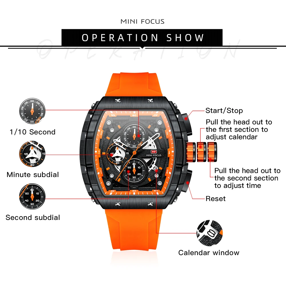 MINI FOKUS Chronograph Quarz Uhr für Männer Tonneau Zifferblatt Militär Sport Armbanduhr Männlichen mit Orange Silikon Riemen Auto Datum