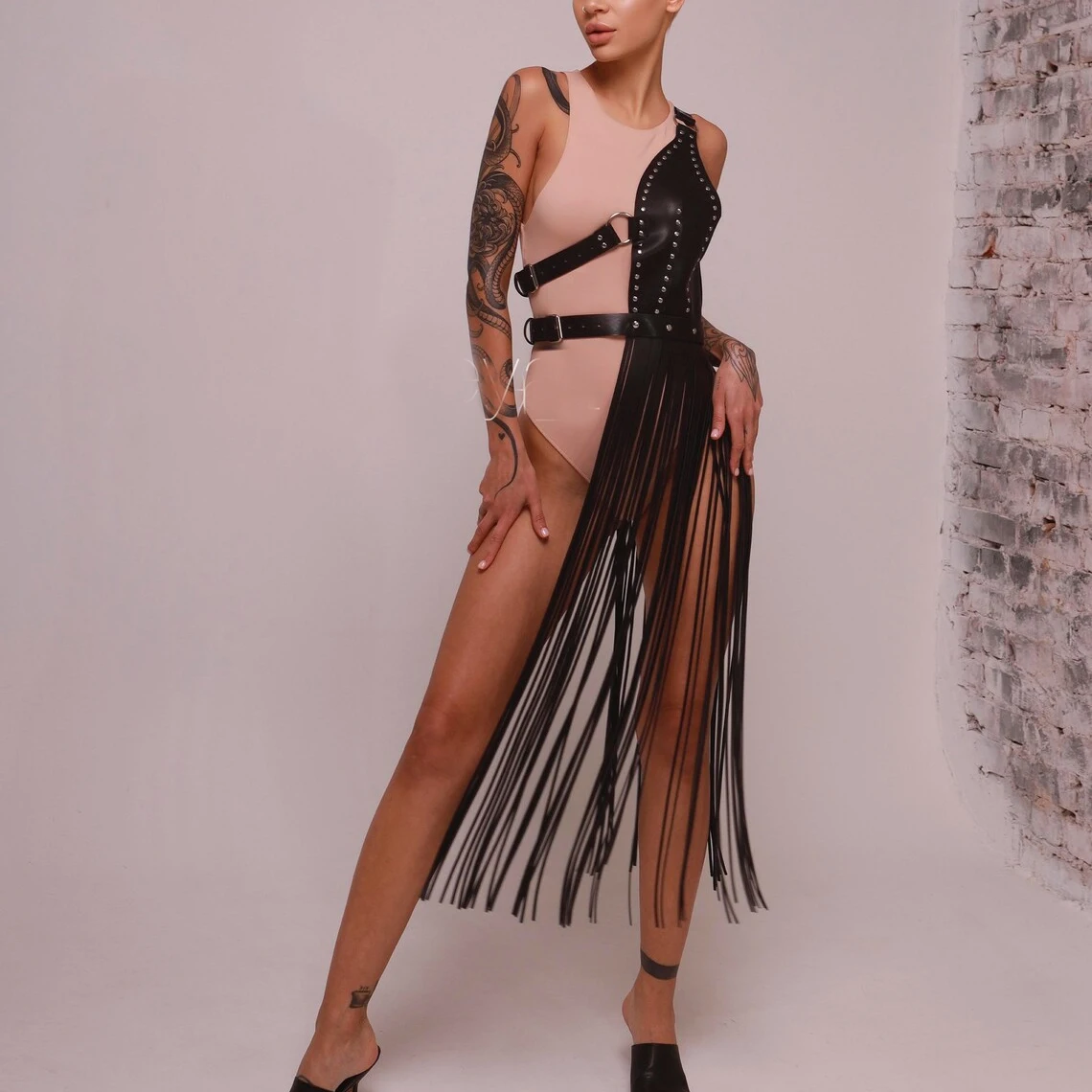 Skórzana klatka spódnica uprząż z Fringe ciała fetysz seksowna uprząż kobiety klatka dojrzałe Bondage biegów pończoch pas Goth akcesoria