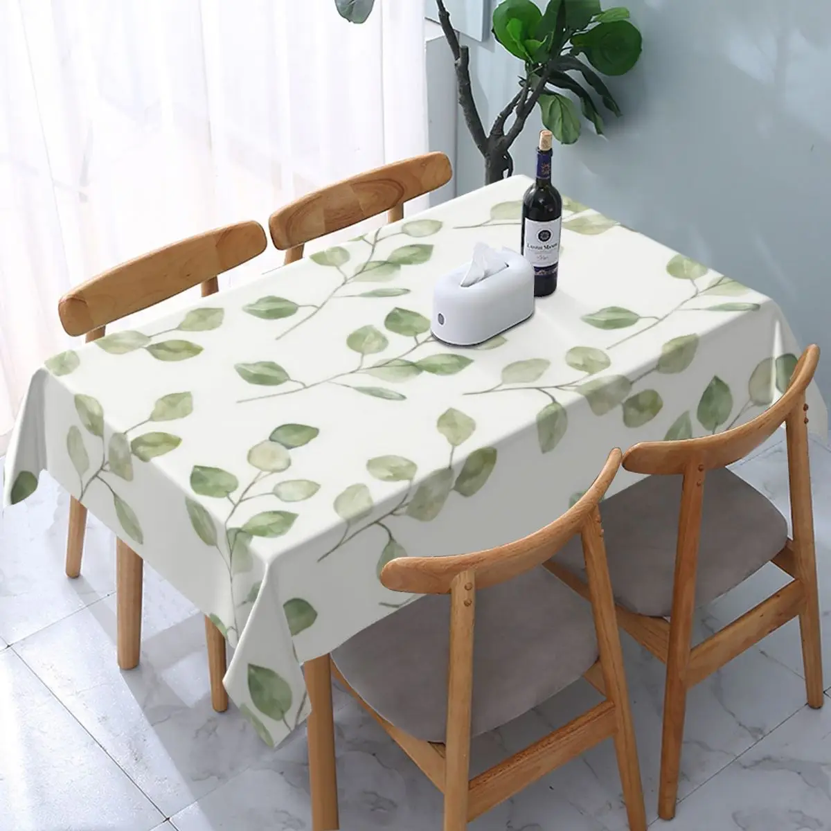 Green small leaf pattern rectangular tablecloth for kitchen and dining room, made of polyester fabric.
