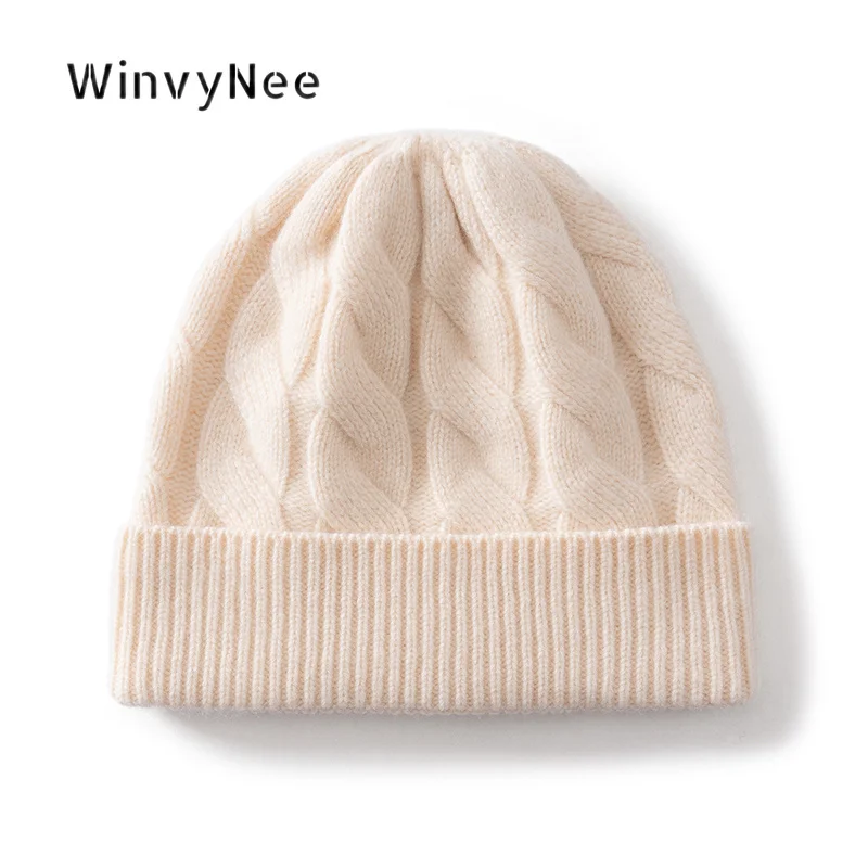 WinvyNee Women 100% Wool Cable Knit Cuffed Skull Cap Textured Weave Elastic Fit Autumn Winter Thick Coldproof Soft Hat I1883039
