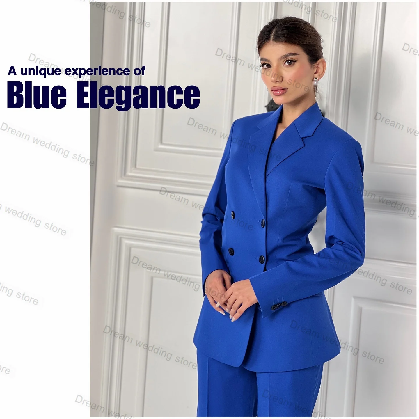 

Royal Blue Women Suit Set 2 Piece Blazer+Pants Trousers Formal Office Lady Prom Dress Cotton Customized Wedding Coat Jacket