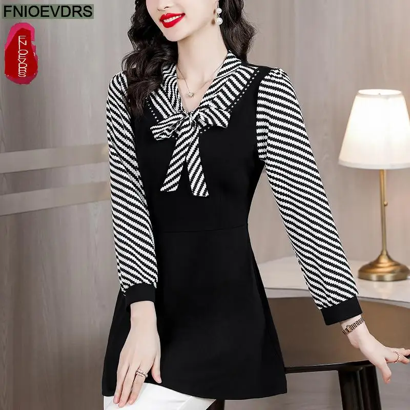 M-4XL Hot Sales 2023 Women Long Sleeve Elegant Office Lady Work Basic Wear Black Casual Bow Tie Belly Tunic Peplum Tops Blouses