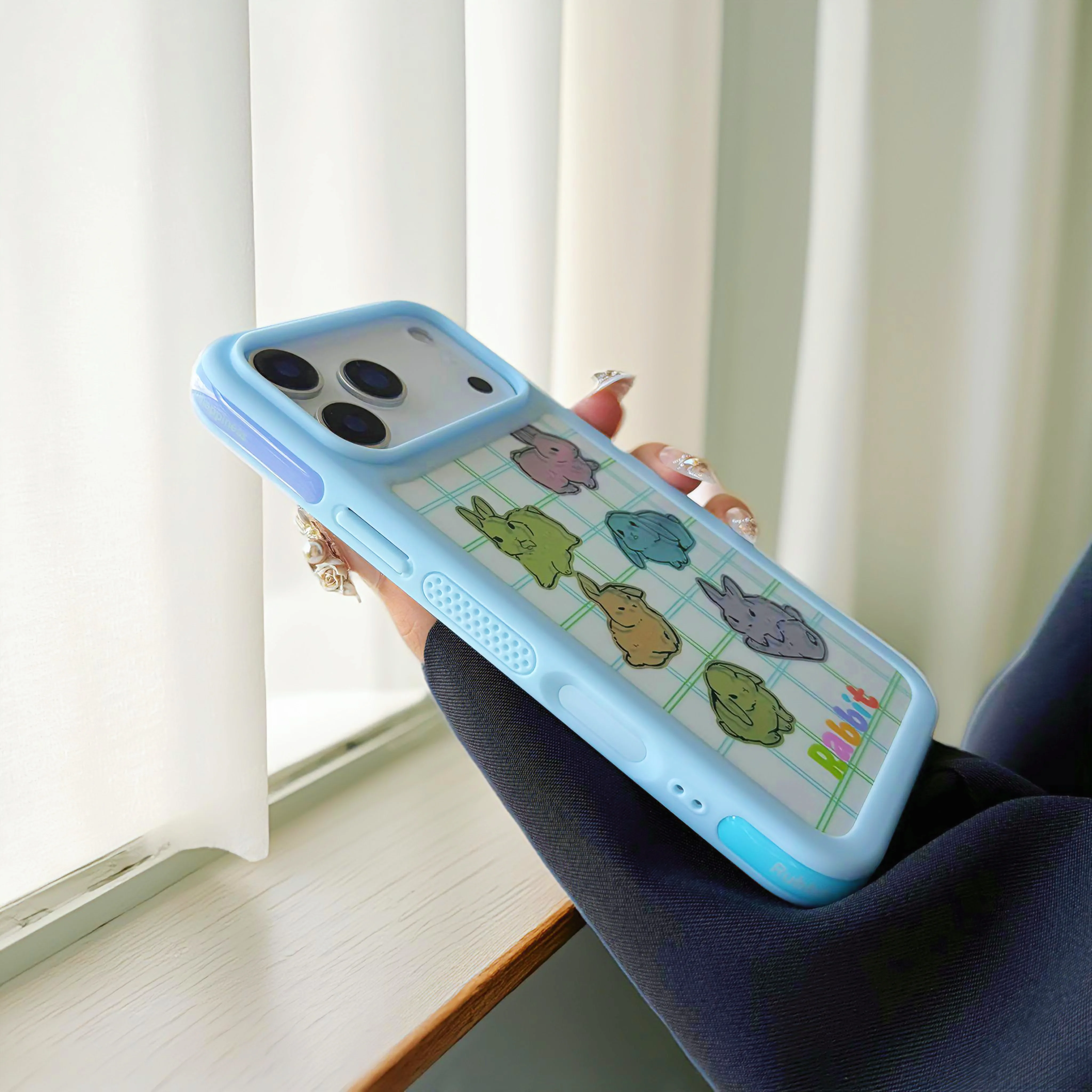 Cute Cartoon Animal Rabbit Border Protective Case for iPhone 17 Air 13 14 15 16 17 Pro Max Creative Color Dopamine Phone Case