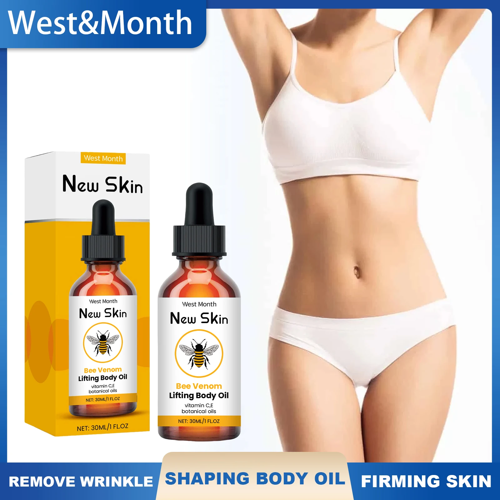 West Month Bee Venom Lifting-Körperöl, straffende Haut, beseitigt Körperfalten, feine Linien, feuchtigkeitsspendendes, formendes Serum, Körperpflege