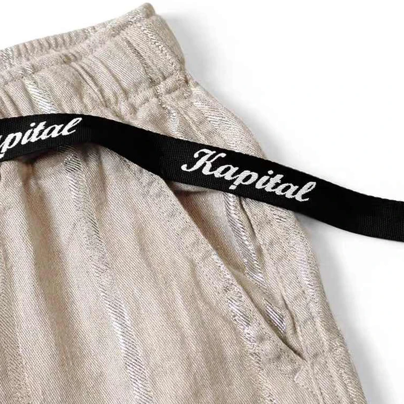 Kapital Hirata Style Linen Bright Color Coarse Stripe Custom Fabric Drawstring Elastic Waist Shorts for Men