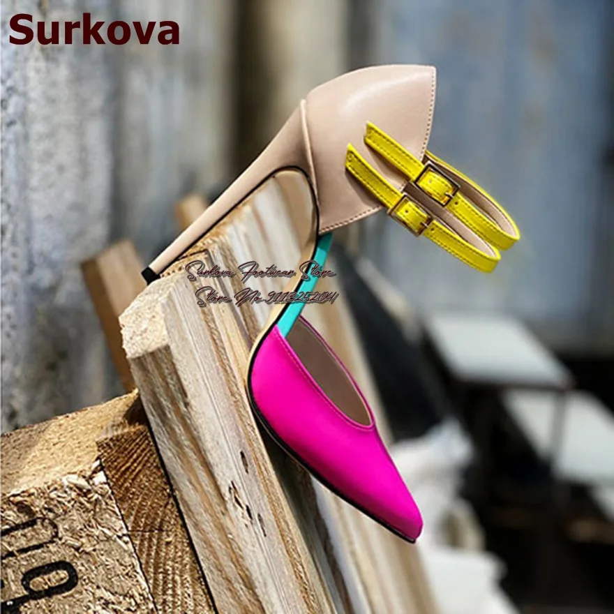 

Surkova Hot Pink Matte Leather Color Patchwork Dress Shoes 12Cm Sky High Stiletto Heel Pointed Toe Pumps Ankle Buckle Strap