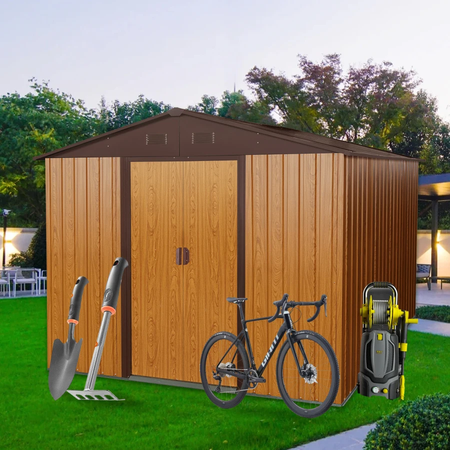 8ft x 10ft Outdoor Metal Storage Shed with Metal Foundation, Coffee For Garden, Backyard, Patio