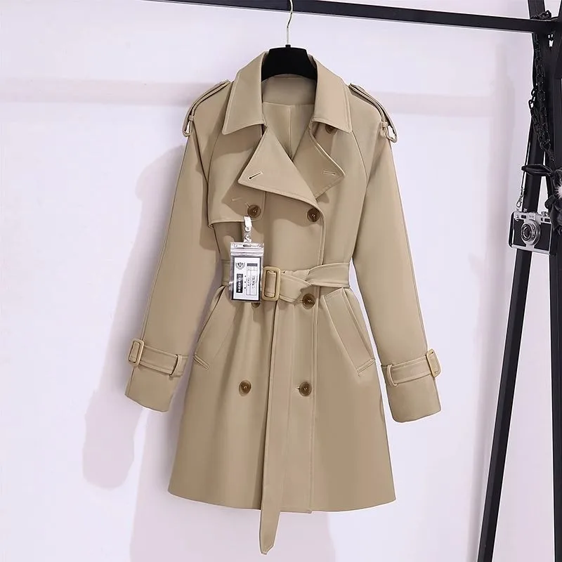 Trendy Women's Trench Coats New Spring Autumn High-end Mid-length Slim Outerwear Double-breasted Belt Long Sleeves Windbreaker