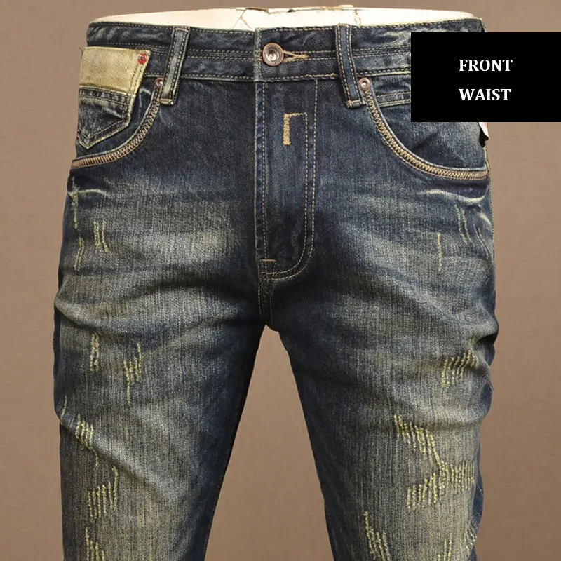 Newly Designer Men Jeans High Quality Retro Washed Blue Stretch Slim Fit Ripped Jeans Men Trousers Vintage Denim Pants Hombre