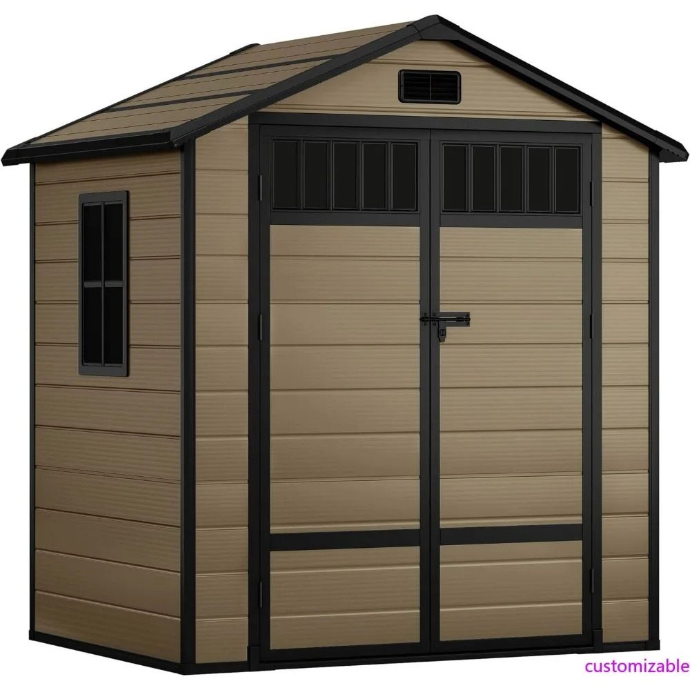 Resin Storage Shed 6x4.4 with Fence-Style Design, Side Windows, Lockable Door, and Vents for Outdoor Spaces