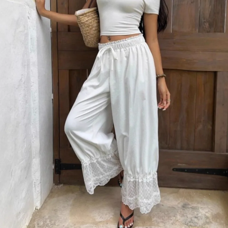 

Women's Chic Lace Trim Hem Bloomers Loose Pants Drawstring Elastic Waist Loose Fit Flare Trousers Street Lounge Pettipants