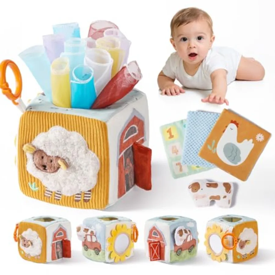

Baby Tissue Box Toy, Montessori Sensory Toys 612 Months, Play Silks and Crinkle Tissues with 3D Corduroy, Mirror, Squeaky Cow a