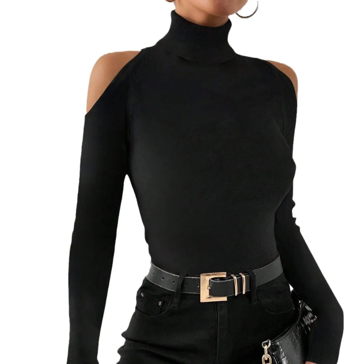 Women Elegant Off Shoulder Fitted Turtleneck Solid Color Wrinkle Resistant Blouse Women's Shirts T-shirt Women's Sleeved view 4