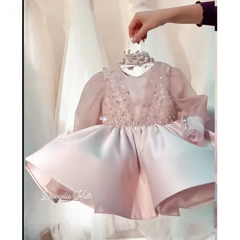 2025 Baby Girl Birthday Fluffy Dress Infant Sequin Baptism Gown Flower Wedding Costume Kids Long Sleeved Clothes Toddler Vestido