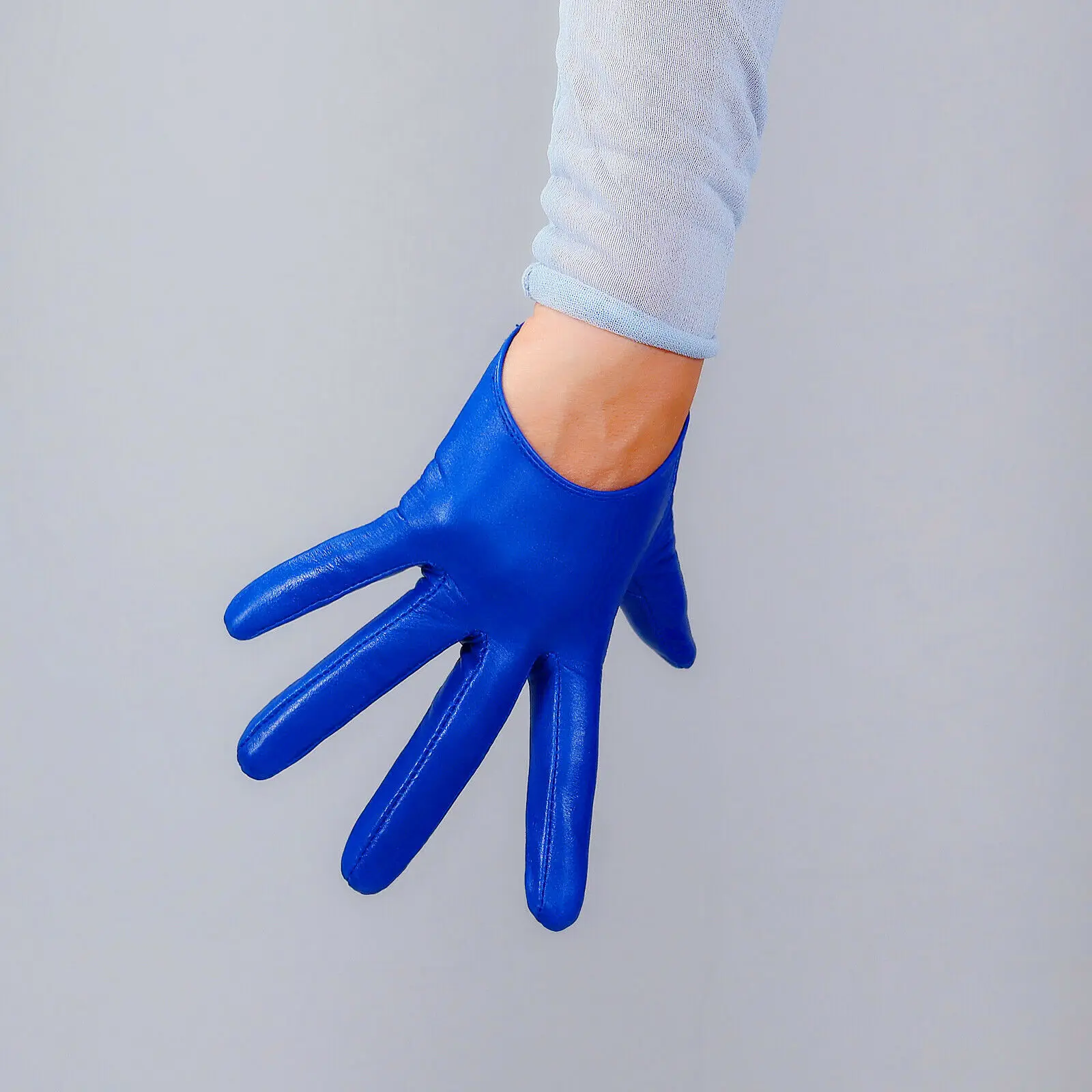 DooWay Blue GLOVES Genuine Lambskin 13cm Extra Short Half Palm Real Leather Sheepskin TECH Costume Party Driving Leather Gloves