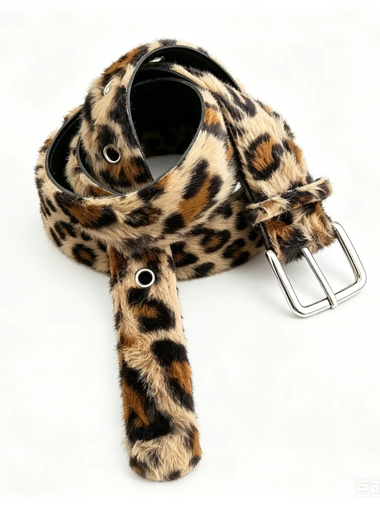 Leopard Faux Fur Pin Buckle Belt Dense Fluffy Fur Exterior Clear Print Motif Smooth Metal Pin Shaft Adjustable Round Hole