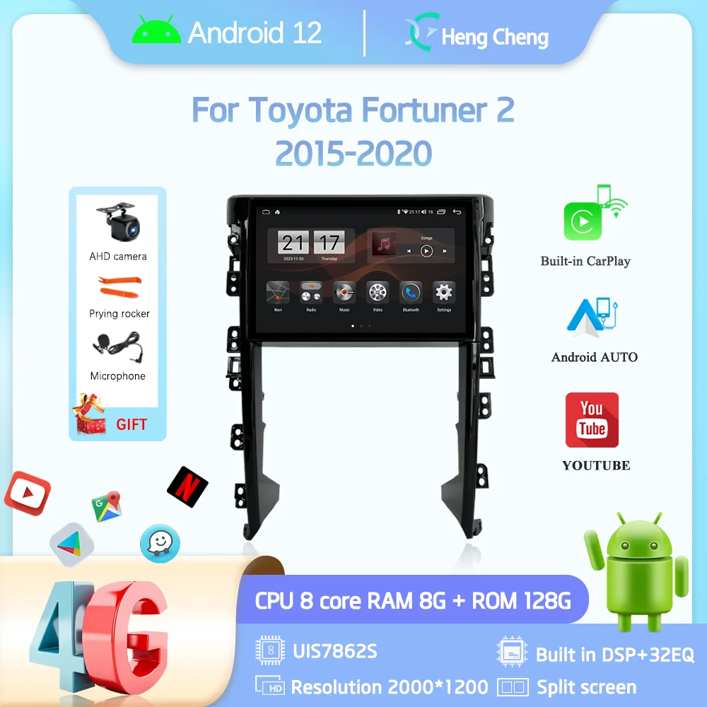 11.6Inch For Toyota Fortuner 2 2015-2020 Car Multimedia Player GPS Navigation Radio Android12 8+128G 8Core CarPlay 4G 360Camera