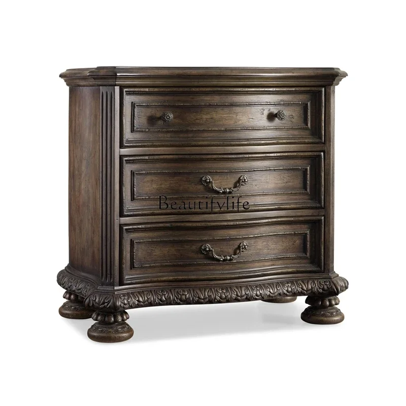 

FG40American Classical Old Ash Wood Bedside Table European Carved Antique Master Bedroom Bedside Table