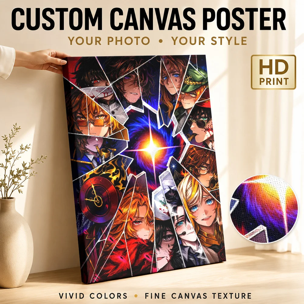 Shattered Mirror Anime Character Collage Framed Canvas Print Poster Custom Gaming Anime Canvas Wall Art for Teen Bedroom Decor
