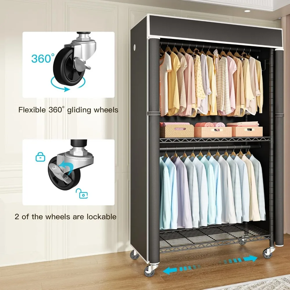 Rack de roupas de metal portátil com tampa e rodas para pendurar e armazenar roupas