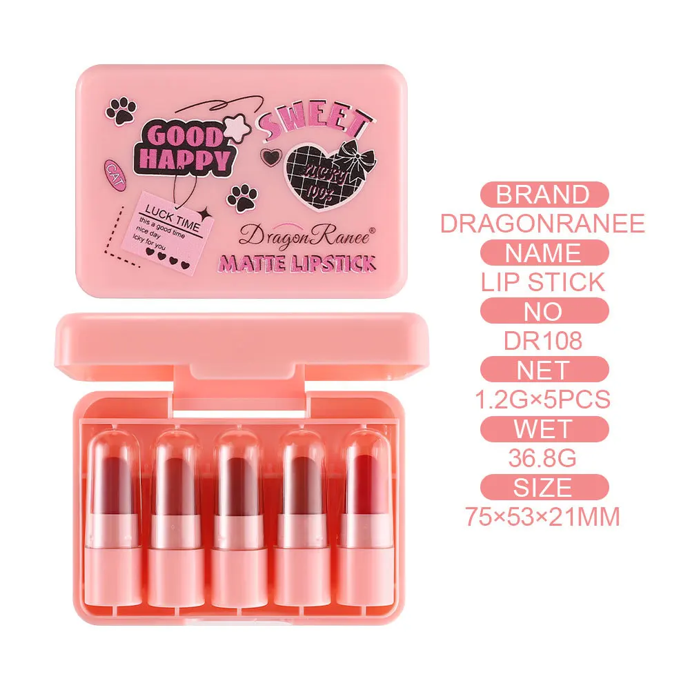 5 pezzi Mini Set di rossetti opachi con simpatica confezione regalo trucco Kit di rossetti nudi a lunga durata e Non sbiaditi regali ideali per ragazze