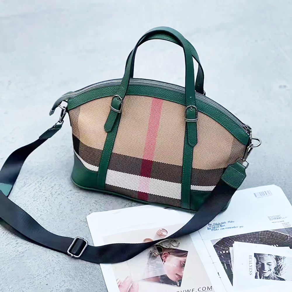 Large Capacity Women Handbag Fashion Stripe Canvas Leather Luxury Female Top Handle Bag Retro New Office Work Lady Shoulder 