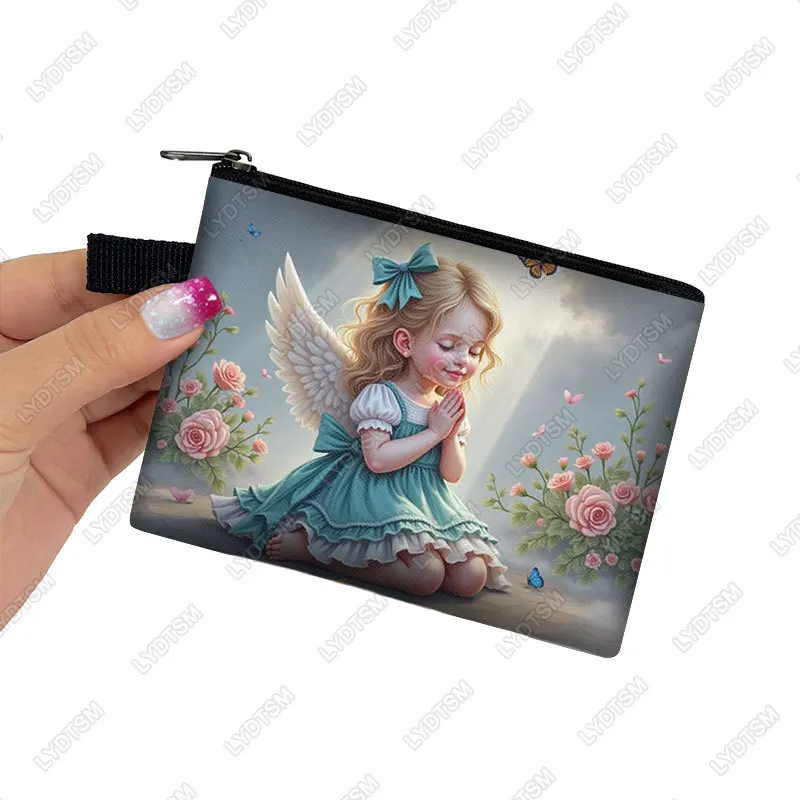 Kawaii pequeno anjo oração padrão saco de moedas bebê anjo com asas feminino cartão chave fone de ouvido titular carteira saco de dinheiro bolsa com zíper