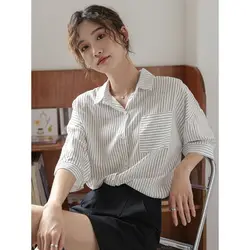 2025 Summer Loose Shirt for Women Striped Short-sleeved Korean Version POLO Neck Fashionable Casual and Versatile Slim Top