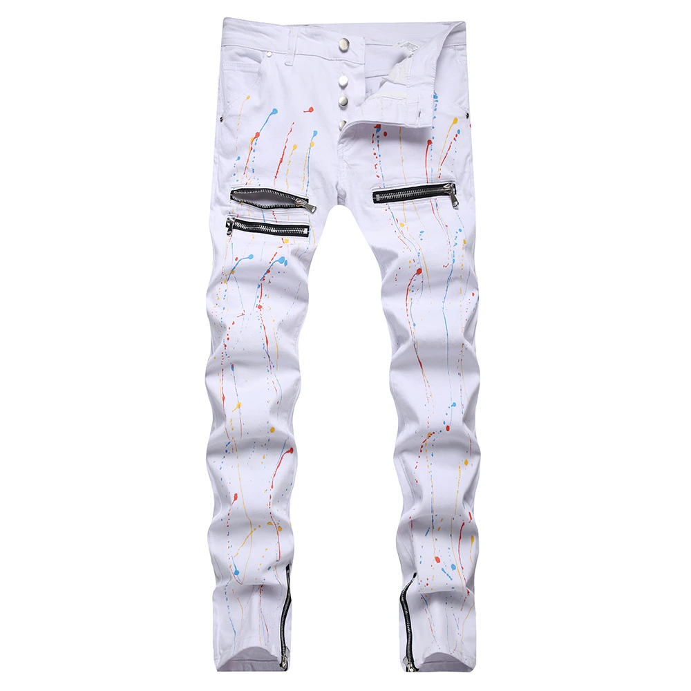 

Men Painted Stretch Denim Jeans Zippers Buttons Fly Biker Pants Streetwear White Slim Tapered Trousers