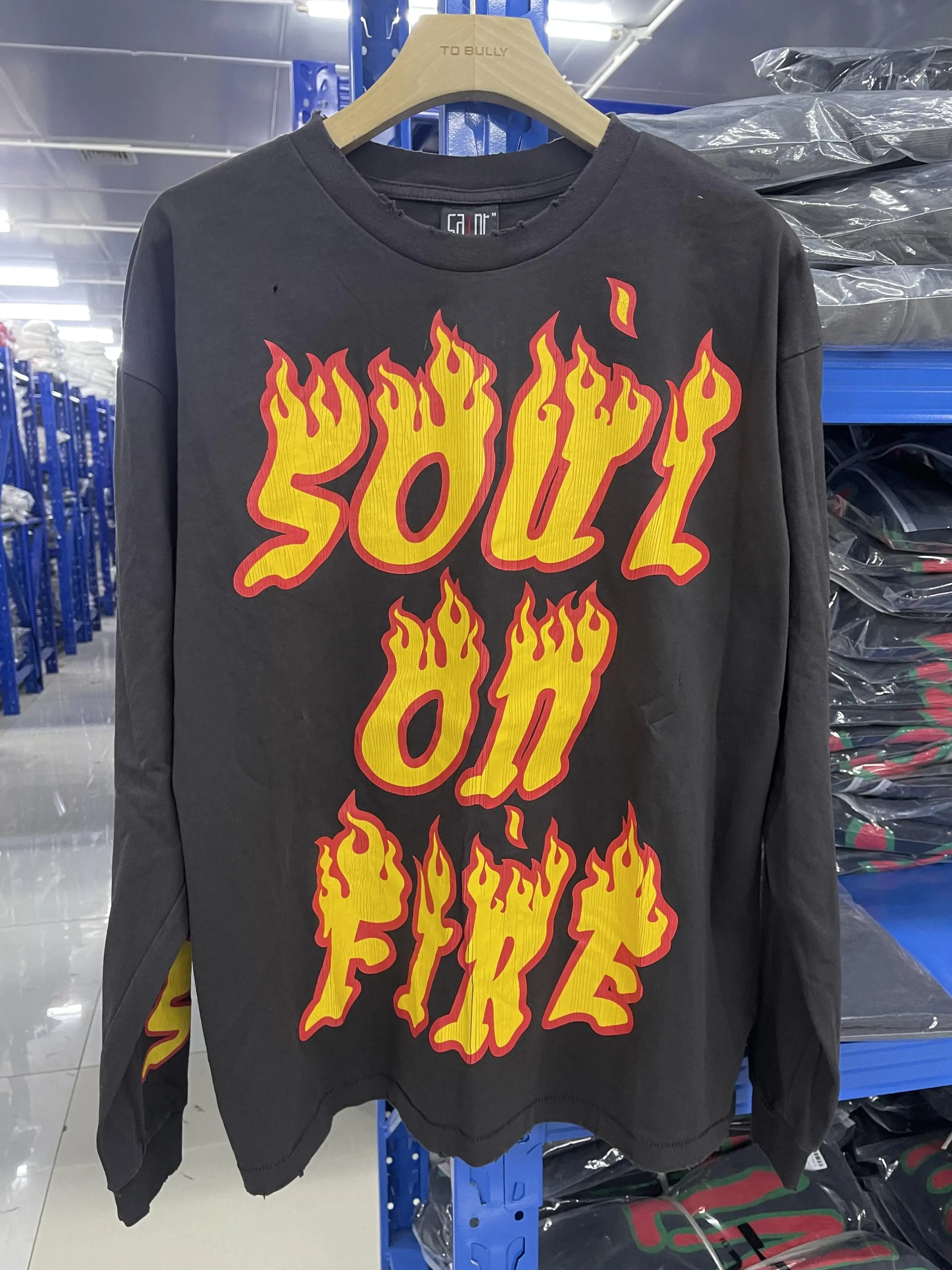 2025ss Soul on Fire Printing Vintage T-shirt Men Women Black Cotton Top Long Sleeve Tees