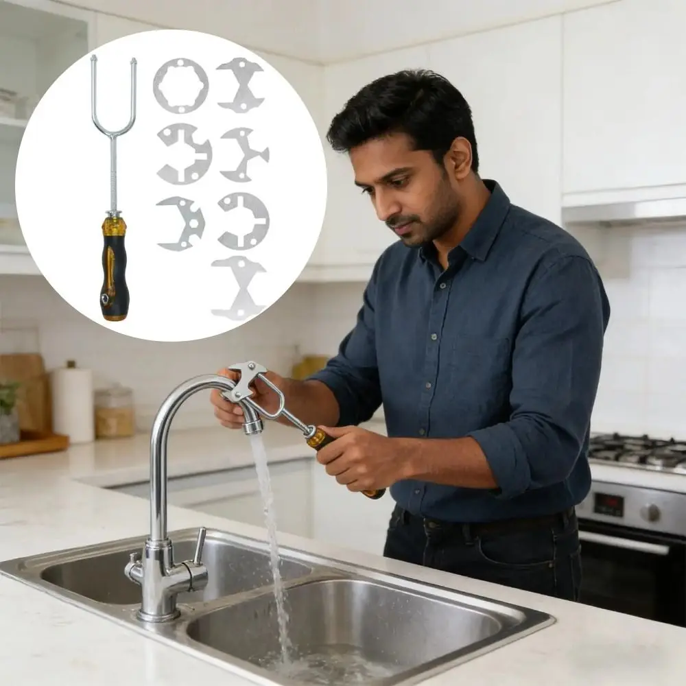 

All-in-one Design Plumbing Tool 360-degree Rotation Multi-size Universal Faucet Wrench 7 Interchangeable Die Heads