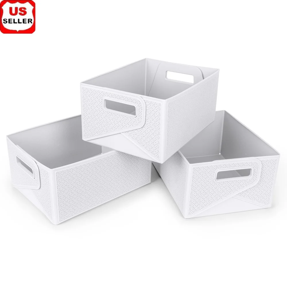 

Set of 3 Collapsible Plastic Storage Bins Heavy-Duty Organizers with Dual Handles Office Dorms Closets Garage and Playrooms