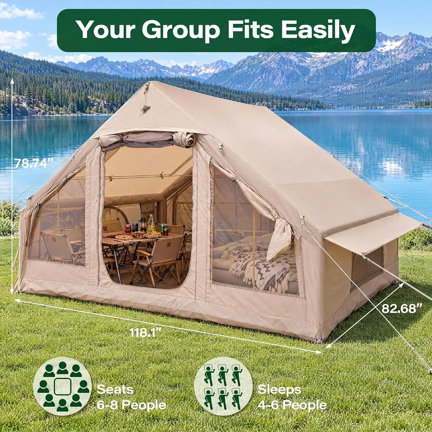 Inflatable Tent for Camping, All-Weather Blow Up Tent with Pump, Glamping Tent with Mesh, Quick Setup Waterproof, Customized