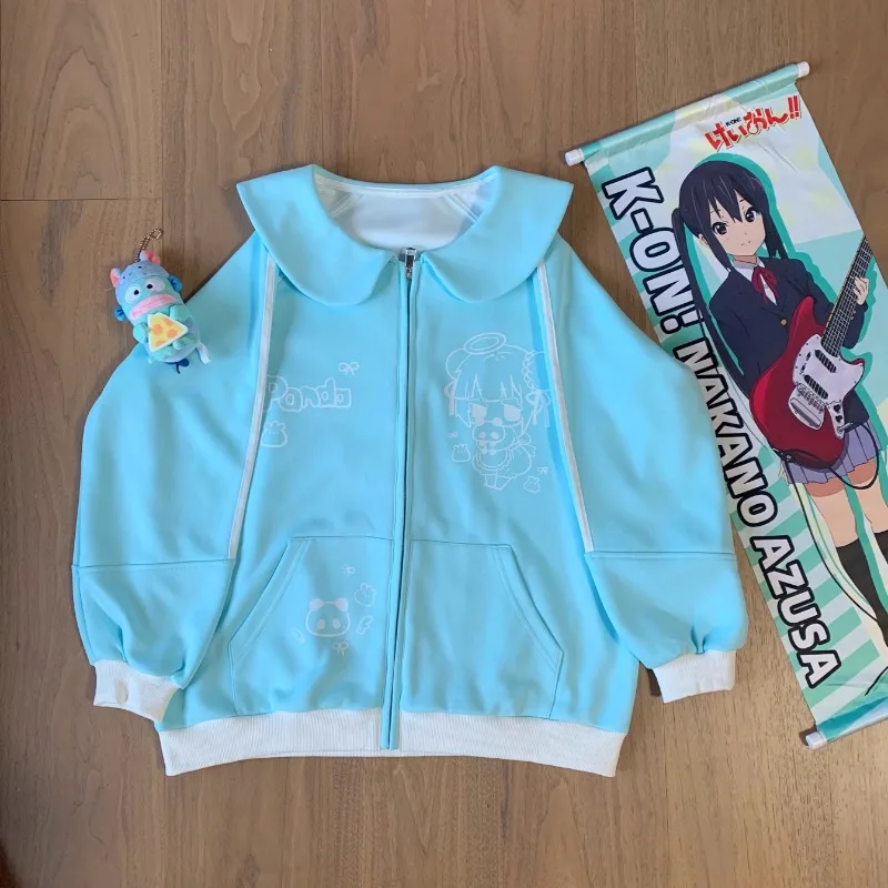 New Japanese Cute Two-dimensional Lake Blue Cartoon Embroidery Crew Neck Autumn Color Matching Long Sleeves Jacket For Girls