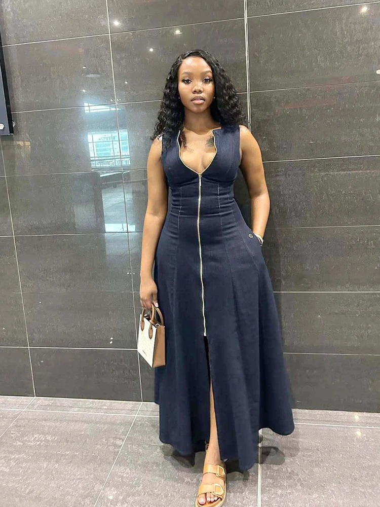 

Женское летнее длинное платье без рукавов, утягивающее повседневное платье с круглым вырезом, уличная одежда, сексуальное платье на молнии спереди, оптовая продажа, дропшиппинг