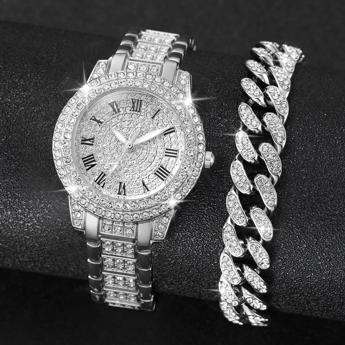 2 pçs moda diamante relógios femininos relógio de ouro senhoras relógios de pulso luxo strass pulseira das mulheres relógios