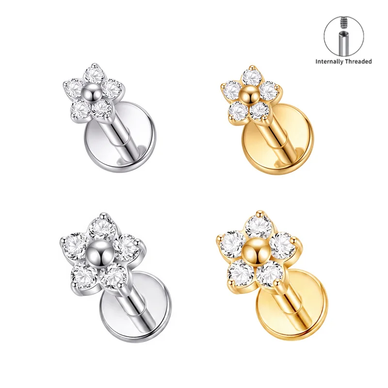ASTM F136 Titan Blumen-Lippenpiercing für Frauen 16G Schneeflocken-CZ Tragus Knorpel Helix Conch Daith Ohrringe Piercing