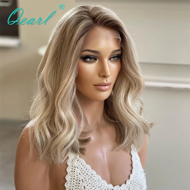 Short Ash Blonde Highlights Lace Front Wigs 13x4 Real Human Hair Lace Frontal Wig for women Glueless Pre Plucked Free ship QEarl