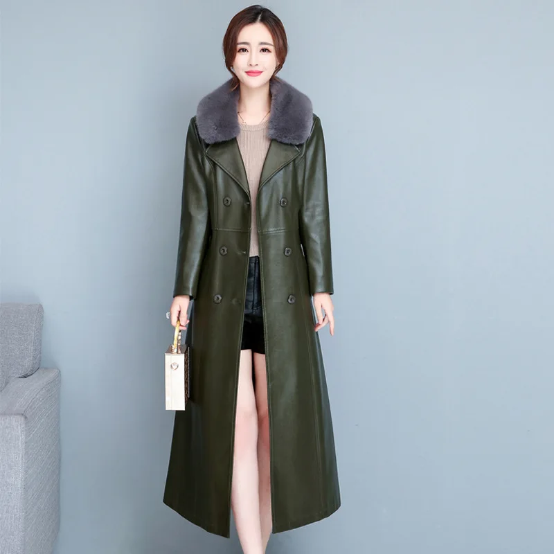 Chaqueta de cuero con cuello de algodón para mujer hasta la rodilla Otoño e Invierno nuevo estilo de moda cortavientos con cuello abatible chaqueta ajustada