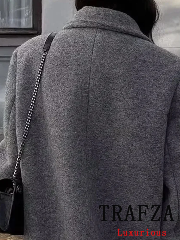 TRAFZA Vintage Casual Chic Solid Women Overcoat Double Breasted Oversized Long Jackets Fashion 2024 Autumn Winter Thick Coats