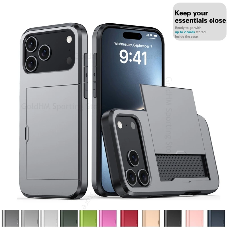 

Capa For iPhone 17 15 16 Pro Max Slide Card Holder Tough PC Case For Apple 17 Air 16E 15 Plus 14 13 17 Pro Max Heavy Duty Cover