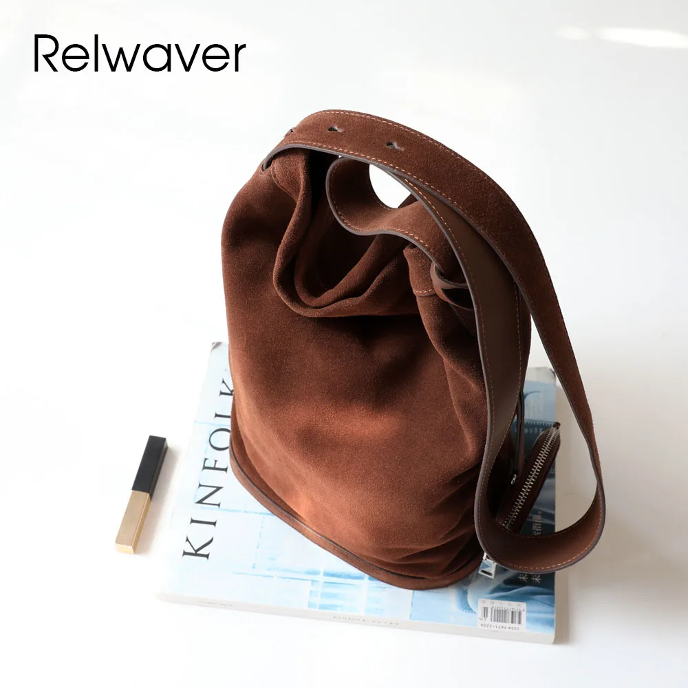 Relwaver-女性用牛革バケットバッグ,スエードショルダーバッグ,シックなクロスオーバーバッグ,エレガントなファッション,春,夏,2020