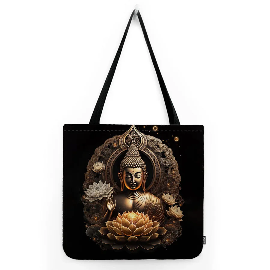 Sacred Buddha Sakyamuni Bodhisattva Buddhism Art Water Resistant Cotton Linen Worship Shoulder Bag Prayer Tote Bag