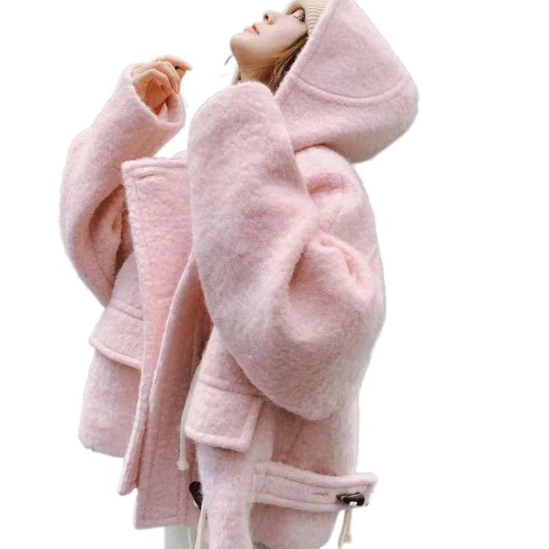 Otoño e Invierno artículos de lana de alta gama temperamento grueso desplazamientos bonitos mezclas cuerno nuevo abrigo corto con capucha abrigo de lana rosa