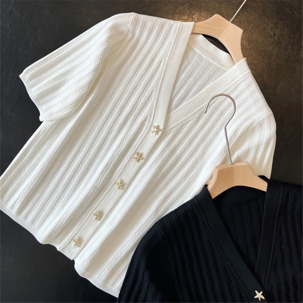 Spring/Summer Woman White Starfish Metal Buttons Knitted Cardigan Office Ladies Short Sleeve Black Elegant Vertical-Stripe Top