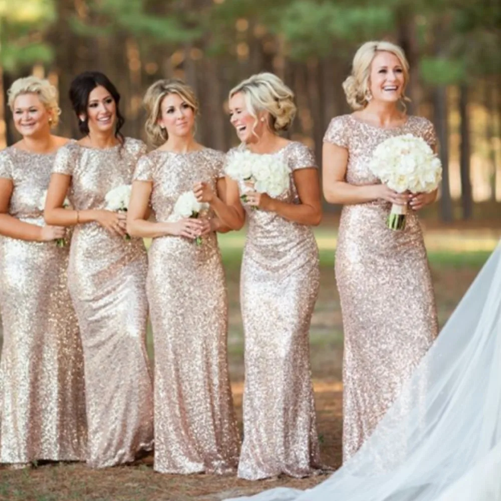 Champagne Gold Sequins Mermaid Bridesmaid Dresses Short Sleeves O Neck Summer Floor Length Formal Wedding Party Guest Gown