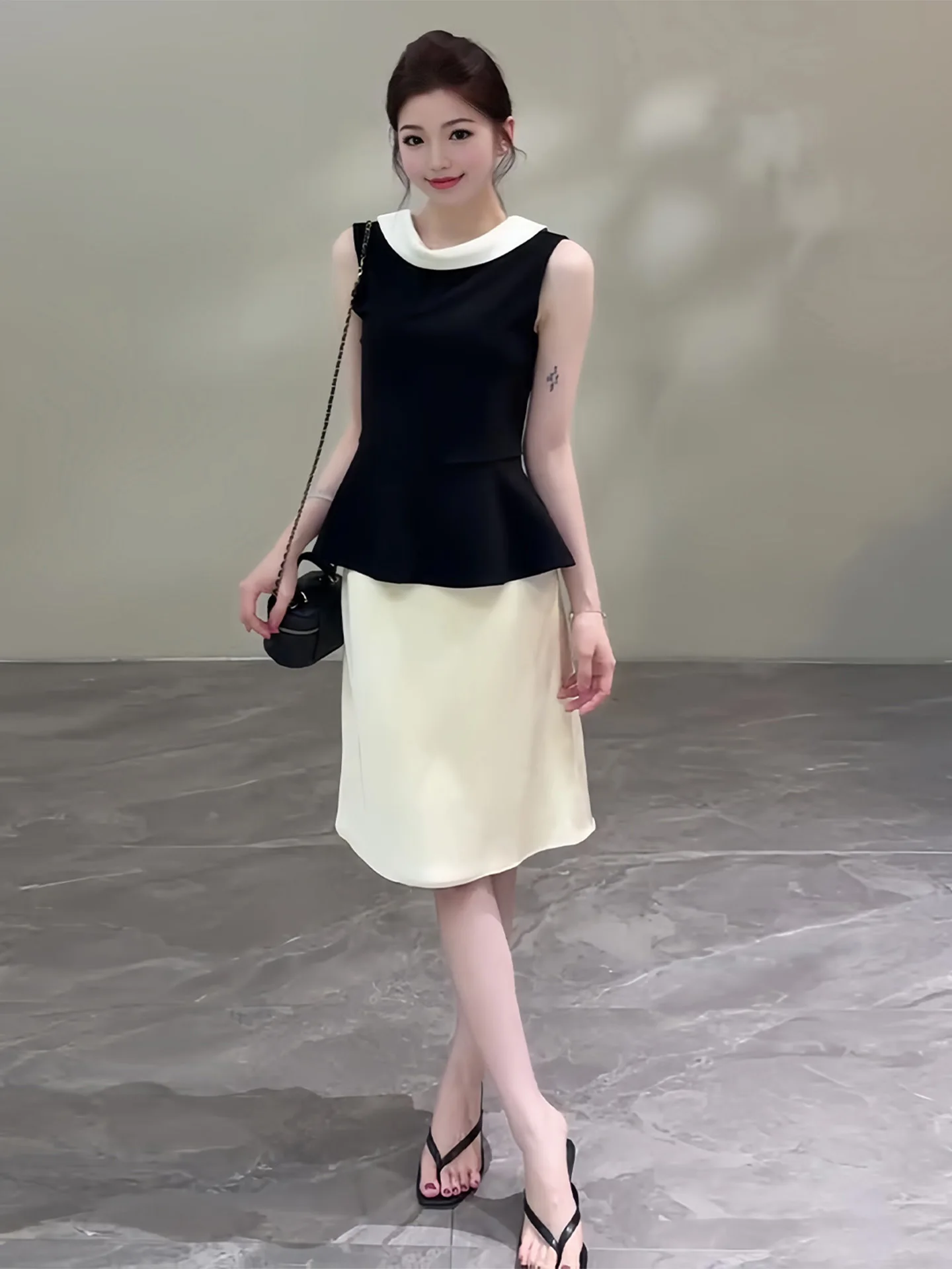 Elegant Black Sleeveless Top And  Skirt Set Women's Fashion Summer Outfit High Waist Midi Skirt Comfortable Cotton Blend