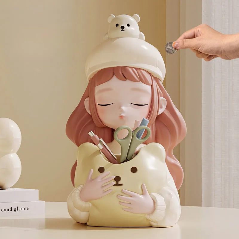 

Creative Piggy Bank Desktop Ornamen Makeup Brush Lipstick Storage Bucket Home Multi-functional Jewelry Birthday Gift Money Box