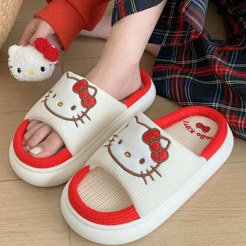 

Новый стиль Sanrio Hello Kitty Kawaii, домашняя обувь, льняные тапочки с мягкой подошвой, противоскользящие удобные дышащие тапочки с рисунком аниме для девочек