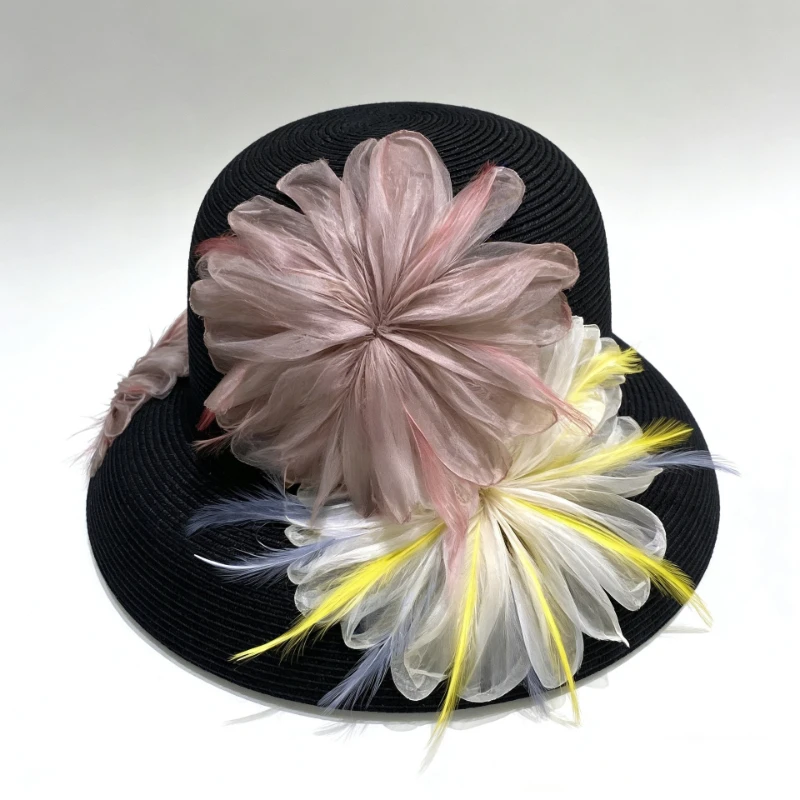 Women's Fashionable High-End Handmade Flower Sun Hat Summer Outdoor Beach Hiking Gift Hat with Sun Protection